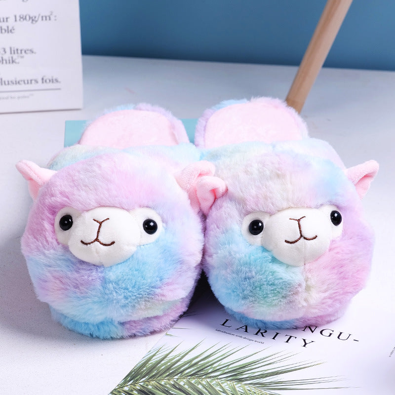 Cartoon Rainbow Alpaca Rabbit Plush Cotton Slippers Autumn And Winter Home Warm Floor Shoes Indoor Non-Slip Shoes For Girls