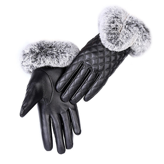 Ladies Fur Ball Pu Gloves Winter Plus Velvet Cute Gloves Touch Screen Touch Warm Gloves Factory Direct Sales