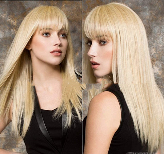 Light Gold 613 Color Long Straight Hair Air Bangs Bangs Wig Set