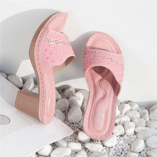 Summer New Style High-Heeled Shoes Ethnic Wind Rhinestone Thick Heel Totem Cross-Border Ladies Sandals Comfortable Slippers Large Size