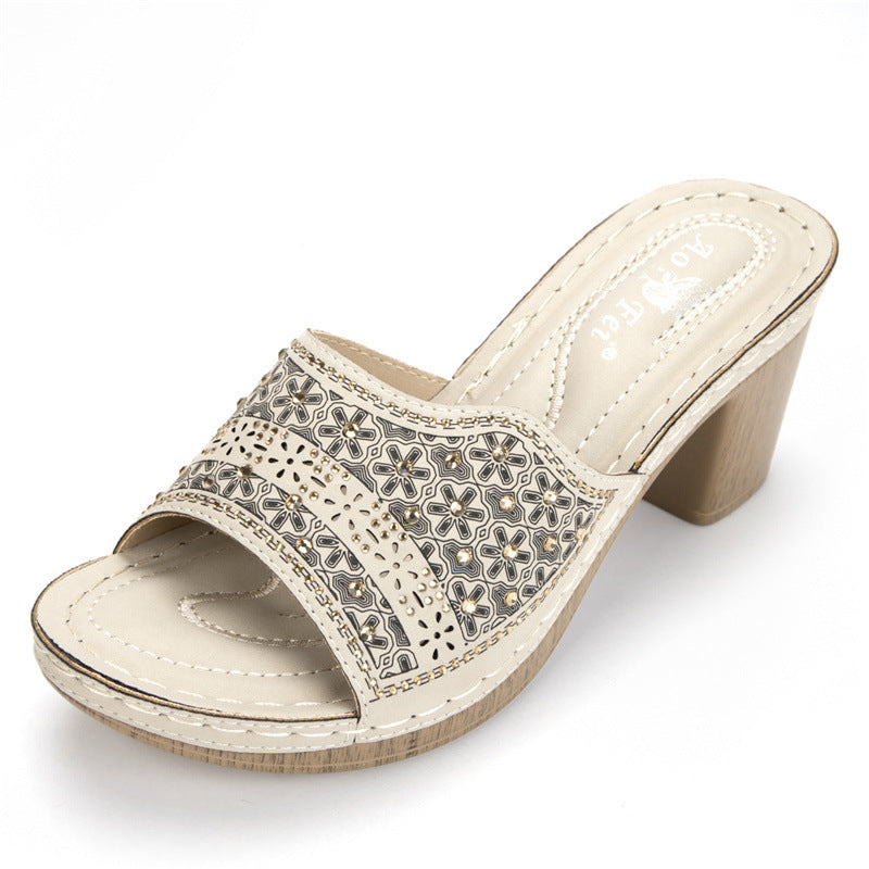 Summer New Style High-Heeled Shoes Ethnic Wind Rhinestone Thick Heel Totem Cross-Border Ladies Sandals Comfortable Slippers Large Size
