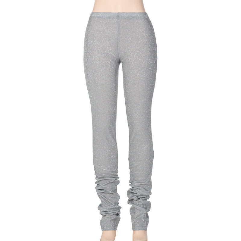 Amazon Hot-Selling Women'S Fashion Casual Bright Silk Tight-Fitting Mid-Waist Pile Pants