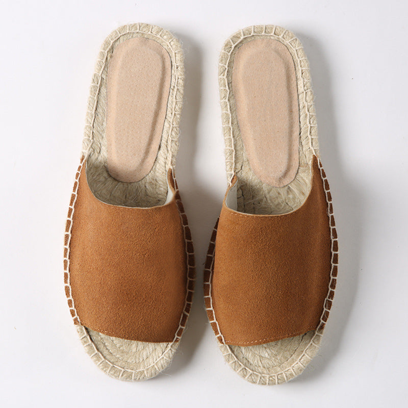 Leather One-Piece Stitch Fisherman'S Straw-Stitched Slippers