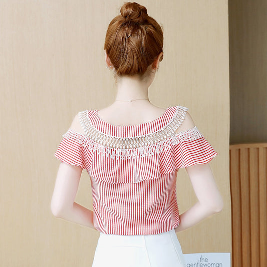 One-Shoulder Off-Shoulder Short-Sleeved Chiffon Top Women'S Clothing