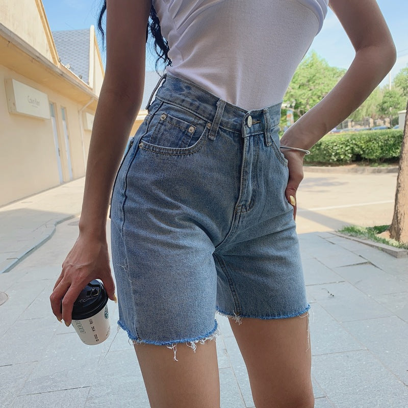 Raw Edge Riding Pants Five-Point Pants Retro Slim High-Waisted Denim Shorts