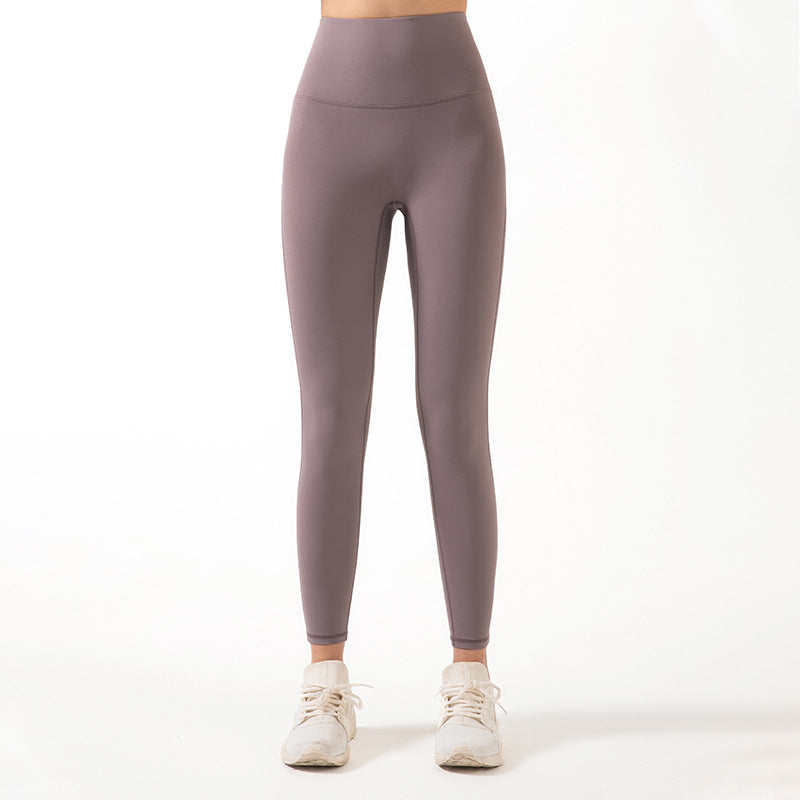 New European And American Ribbed Nude Fitness Yoga Pants High Waist Waistline Stitching Thin Peach Sports Tights