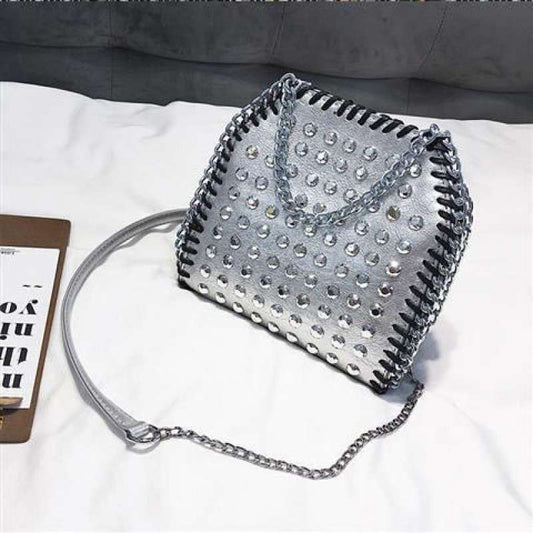 Cylindrical Small Bag Rivet Chain Messenger Bag Female Bag Diamond Mobile Phone Bag