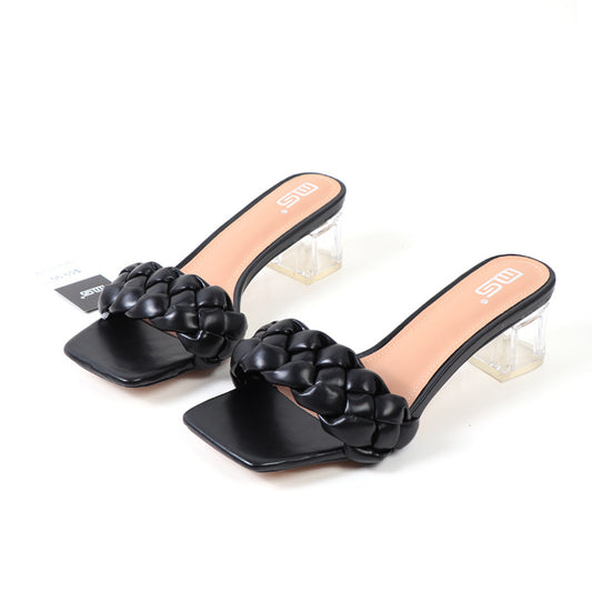 One-Line Plus Size Mid-Heel Solid Color Sandals