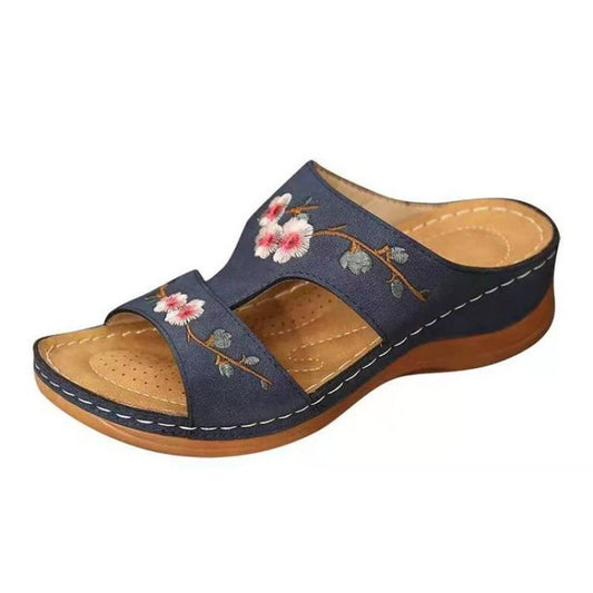Flower Embroidered Sandals Wedge Heel Plus Size Women's Slippers