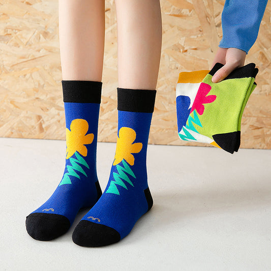 Small Flower Flower Socks Female Middle Tube Korean Cute Ins Poppy Flower Long Tube Pile Tide Cotton Socks