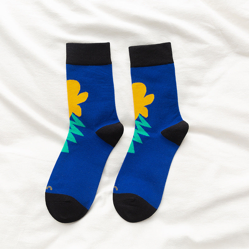 Small Flower Flower Socks Female Middle Tube Korean Cute Ins Poppy Flower Long Tube Pile Tide Cotton Socks