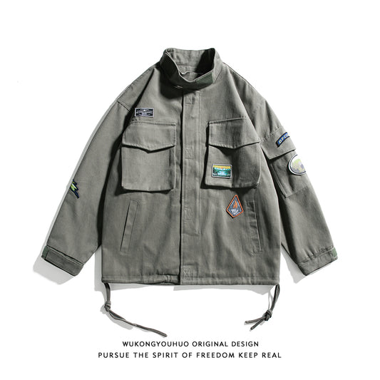 Wukong In Stock Japanese Retro Multi-Pocket Tooling Jacket Men'S Trendy Brand Personality Labeling Loose Couple Stand-Up Collar Jacket