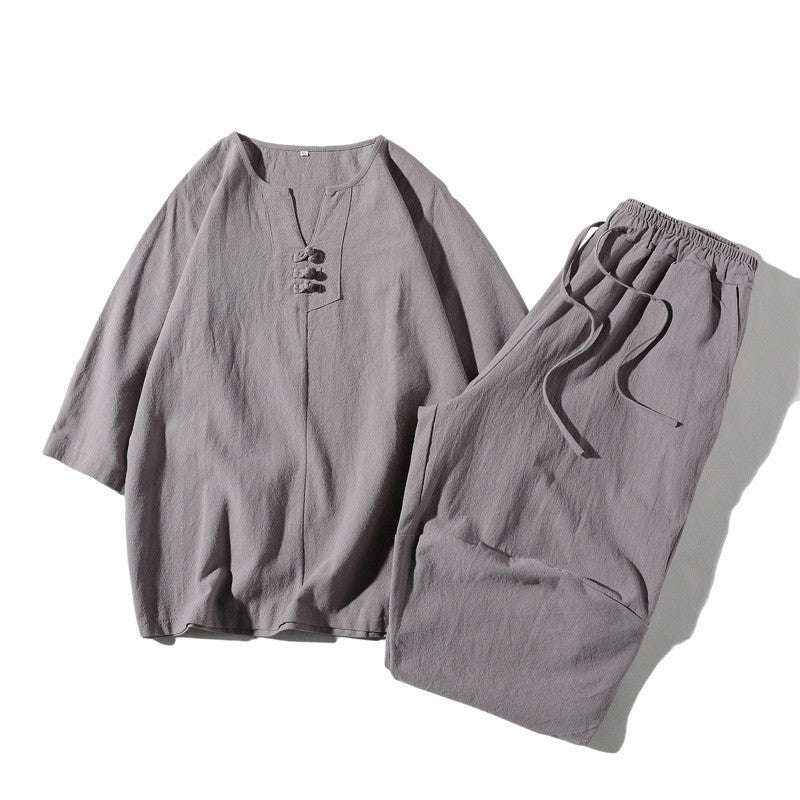 Short Sleeve Three-quarter Sleeve Suit Cotton And Linen Loose T-shirt Casual Two-piece Suit