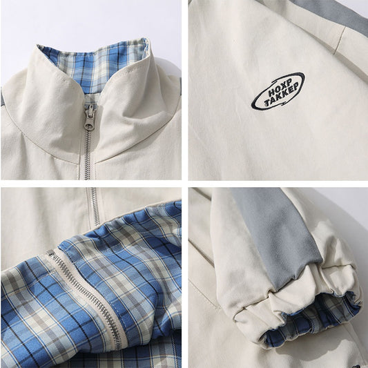 Reversible Plaid Stand Collar Jacket Casual Spring Hong Kong Flavor Jacket