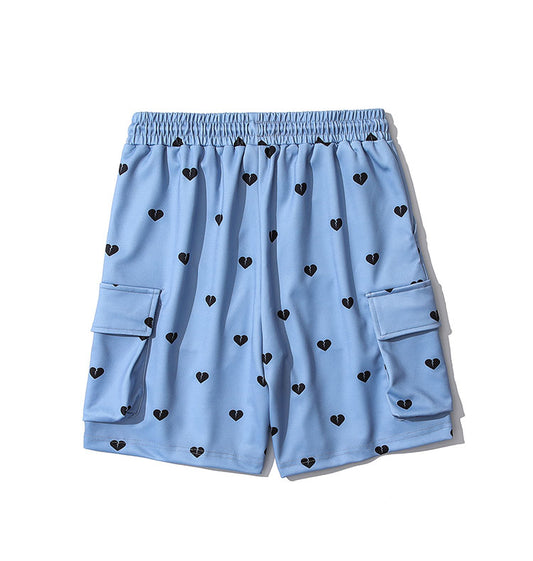 Love Full Print Multi-pocket Overalls Shorts Men's Ins Tide Brand Eastic Waist Five-point Pants