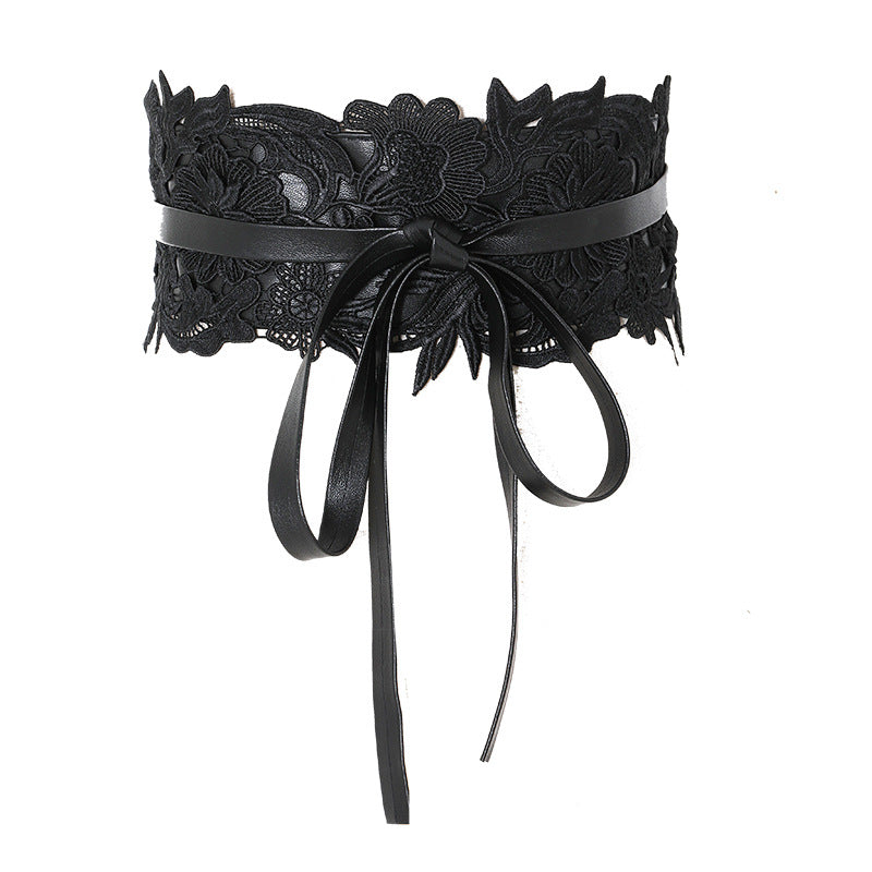 Retro Lace Lace Waist Band Dress Fashionable Wide Belt Female Black And White Korean Summer Autumn