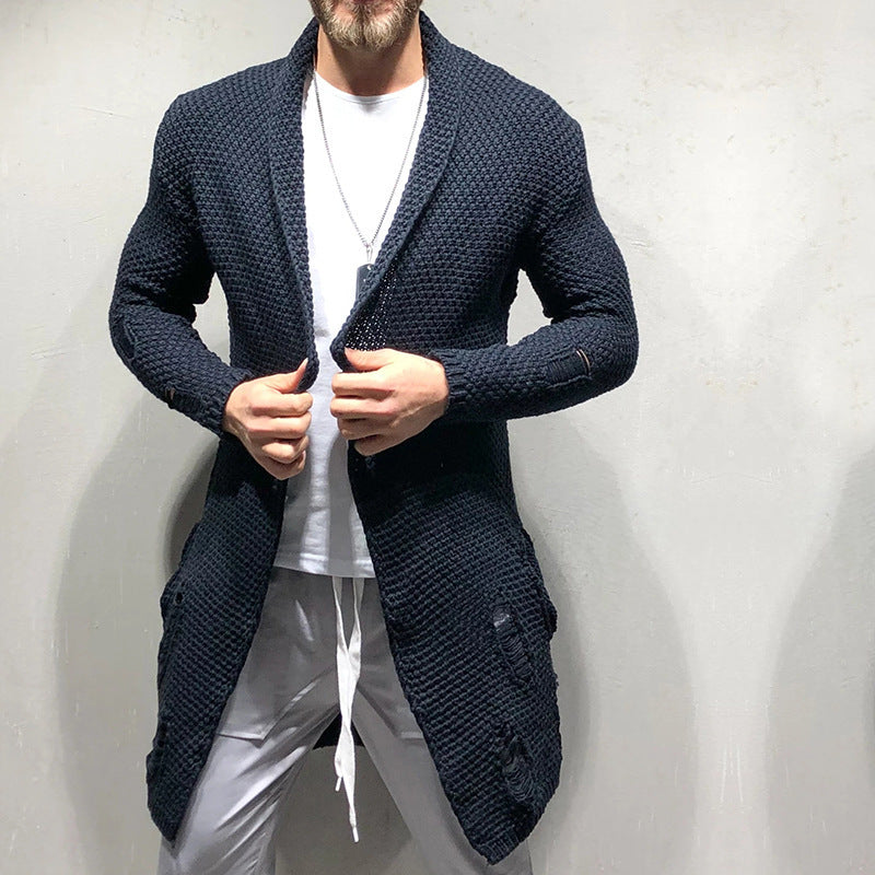 Autumn And Winter New Foreign Trade Cardigan Sleeve Holes Men's Wear Medium Length Cardigan Sweater Knitwear