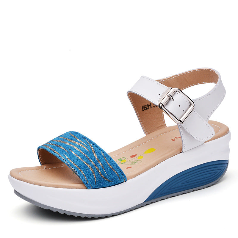 Leather Wedge Mid-heel Sandals With Fish Mouth And Thick Soles