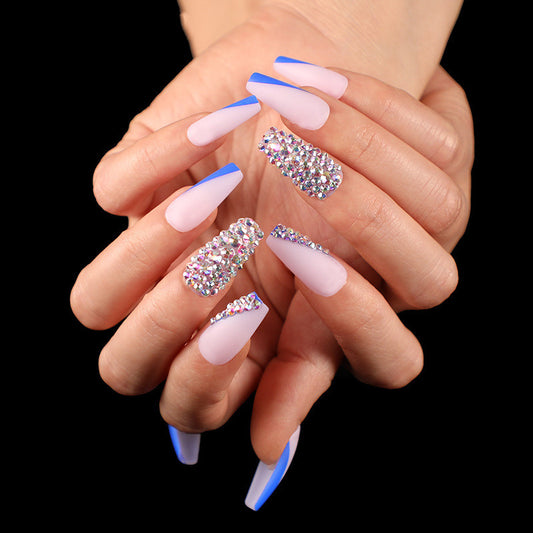 Wearing Nail Pieces Ballet Blue French Manicure Wearing Nail Color Diamonds