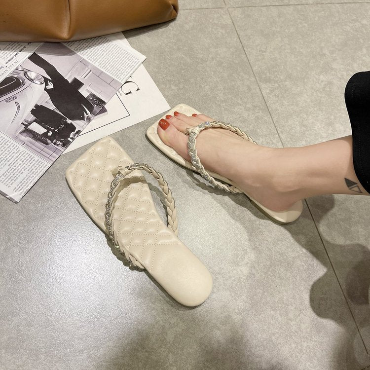 Summer New Style Rhinestone Clip Foot Square Head Sandals Flat Bottom