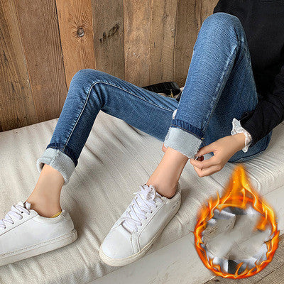 Fleece Pants Women'S Autumn And Winter New High Waist Slim Nine Points Plus Cotton Jeans Warm Leggings Outer Wear Trousers