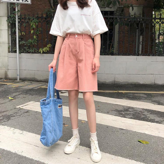 Harajuku Bf Wind High Waist All-Match Straight Wide Leg Shorts Women