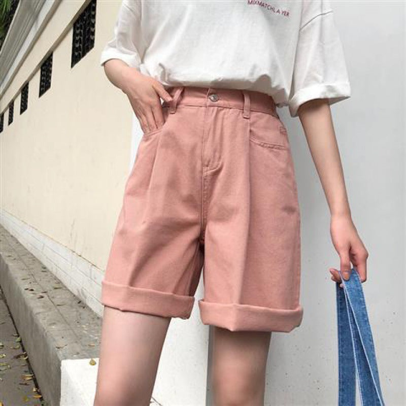 Harajuku Bf Wind High Waist All-Match Straight Wide Leg Shorts Women