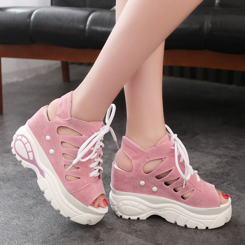 Women'S Sandals Summer Fashion Slope With Super High-Heeled Sponge Cake Thick-Soled Fish Mouth Roman Hollow Sandals