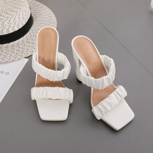 New Women's Shoes With Folds, Thick High-heeled Square Toe And Sandals And Slippers