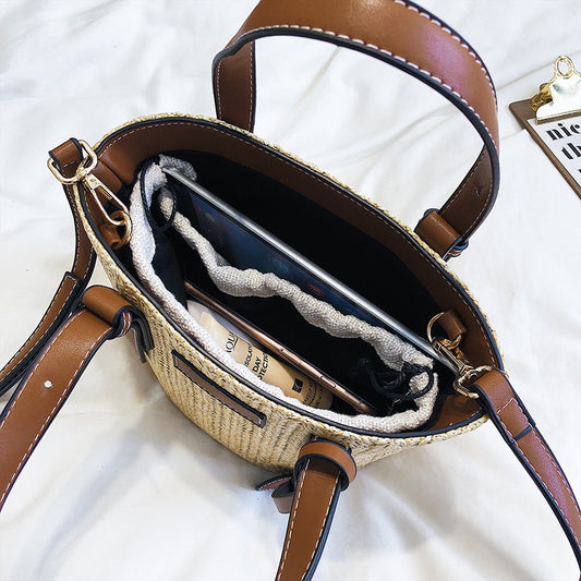 Bucket Bag Fashion Shoulder Bag Trend Contrast Color Bag Summer Western Style Grass Woven Handbag