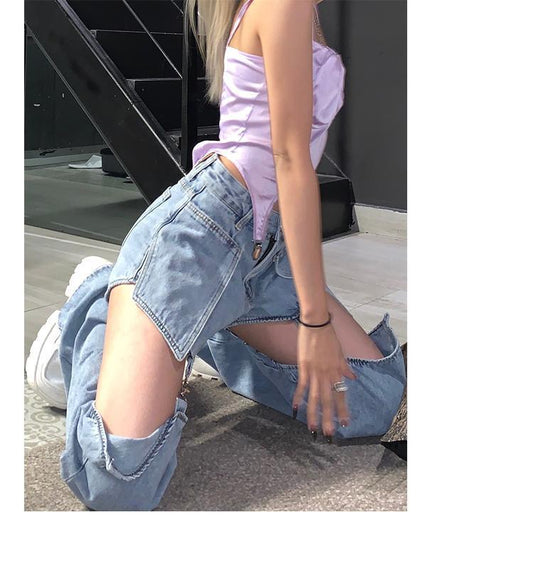 High street Jeans Women Splice Wide Leg Trousers Hip-hop cotton Loose Retro Chain Removable