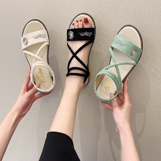 New Korean Style Flat Daisy Small Cross Strap Roman Sandals