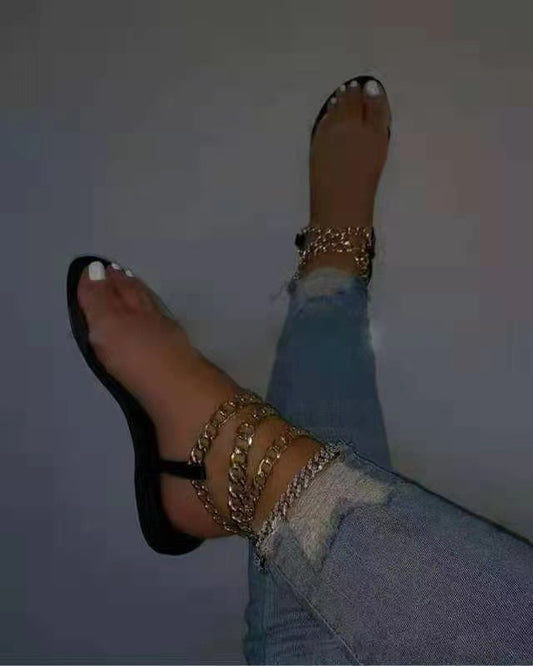 Large Size Sandals Women New Flat Metal Chain Transparent Belt Sandals European And American Beach