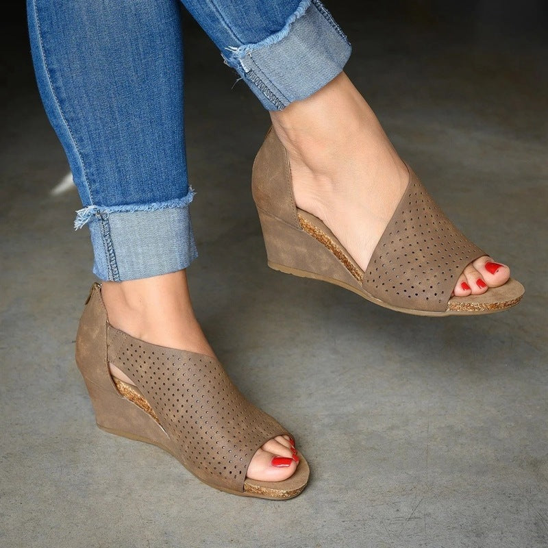 Hollow Slope With Spring And Summer Breathable High-Top Sandals WomenS Rome High Heels All Match