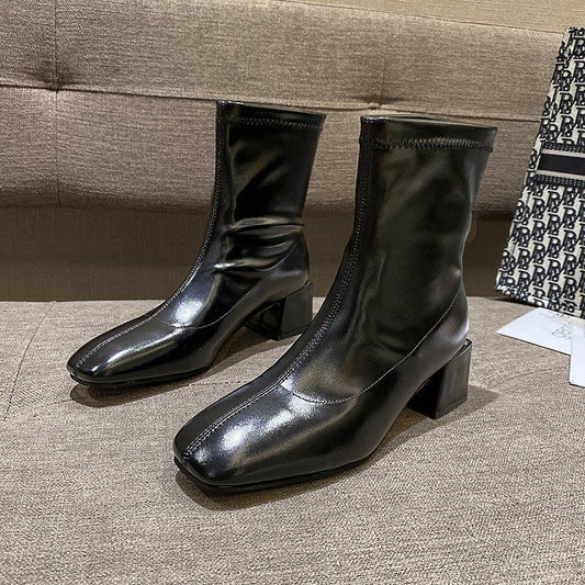 Square Toe Thin Boots Elastic Boots Mid-Heel Martin Boots Women
