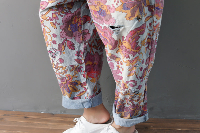 Spring And Summer Plus Size Overalls Ethnic Old Jeans Washed Holes Suspenders Wandering Style