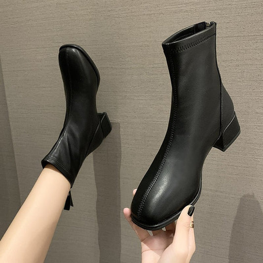 British Style Soft Leather Heel With Plush Boots In Large Size
