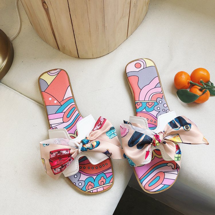 Flat Slippers With Colorful Ribbon Bow