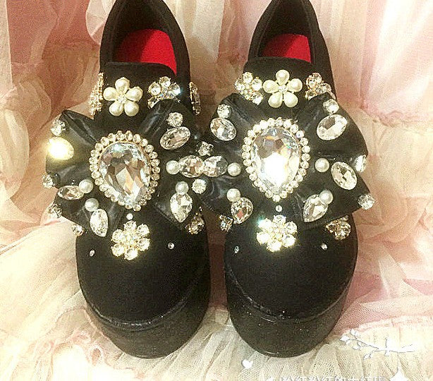 Customized Blingbling European Station Trendy Crystal Three-Dimensional Bow Gemstone Super Thick Bottom Loafers Trendy