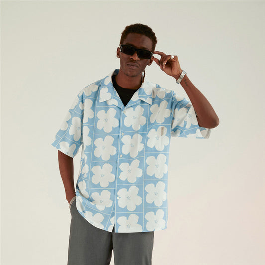 Casual Plaid Flower Print Short-sleeved Shirt