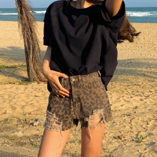 Leopard Print Jeans With Holes In The Frills, High Waist And Slim A-Line Shorts