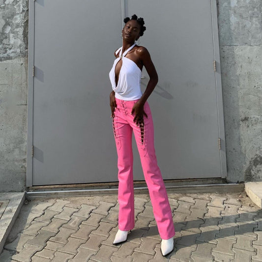 Fashion Trend Women'S New High-Waisted Hollow Straps Straight Leggings Slim Slimming Leather Pants