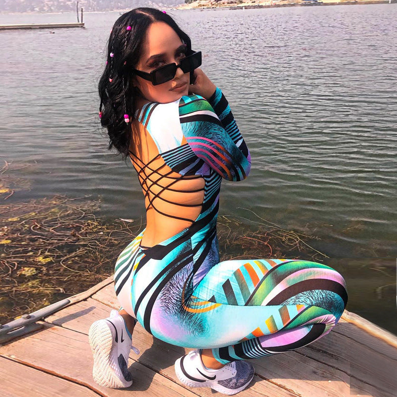 New European And American Fashion Cross Border Express Autumn Strap Hollow Out Long Sleeve Hip Lifting Slim Jumpsuit