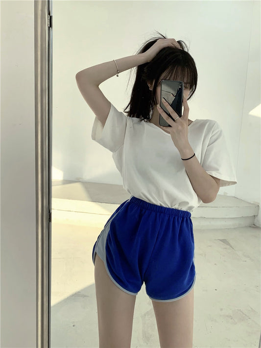 Blue Shorts High Waist Wide Legs Slim Pants