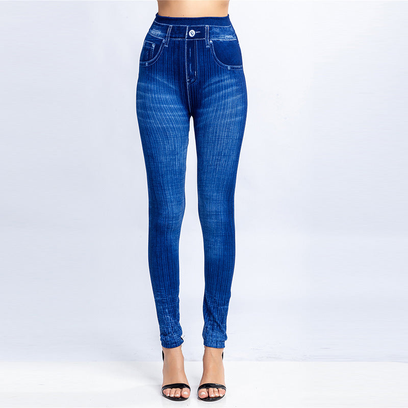 Vertical Stripes Imi Tation Denim Leggings Slim Hip Cropped Trousers