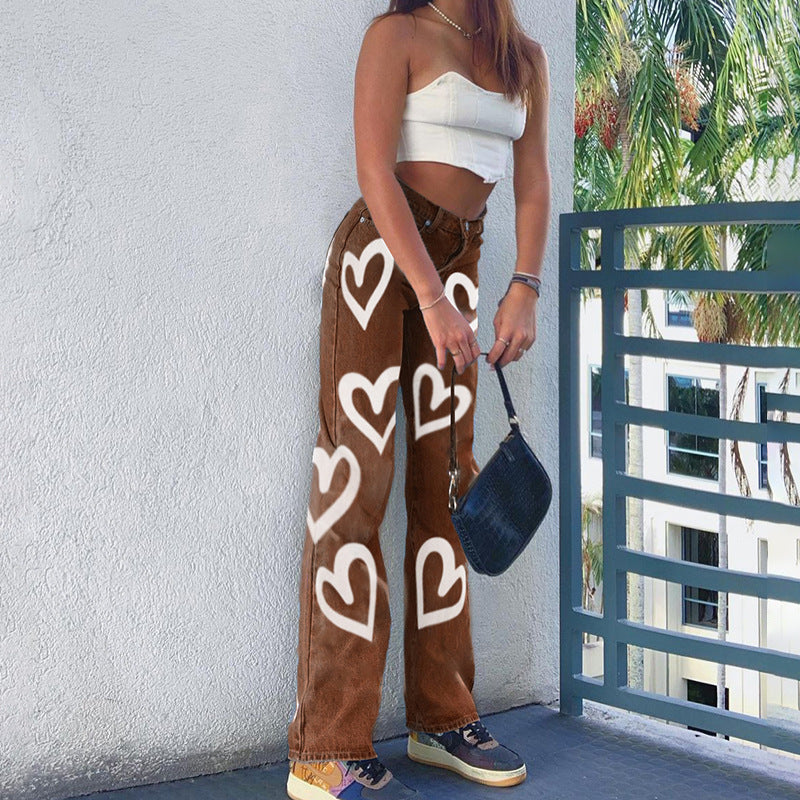 Graffiti Print Loose Straight Jeans Women's Fashion High Waist Casual Pants