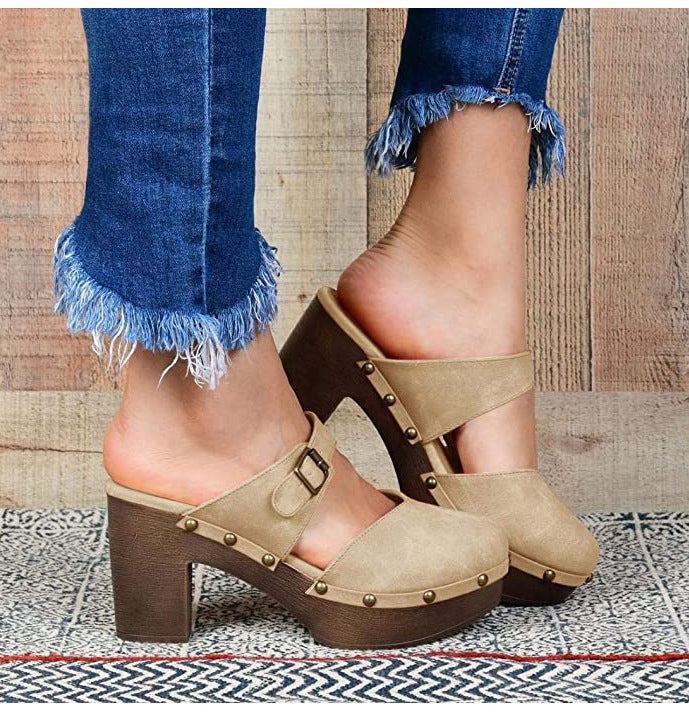 Baotou Backspace Thick Heel Simple Wild Lazy Lady Sandals And Slippers Single Shoes