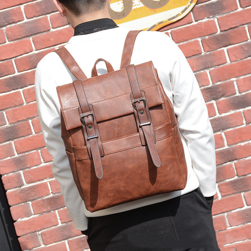 Korean Casual Business Men'S One-Shoulder Backpack Pu Waterproof Soft Surface Outdoor Large-Capacity Backpack