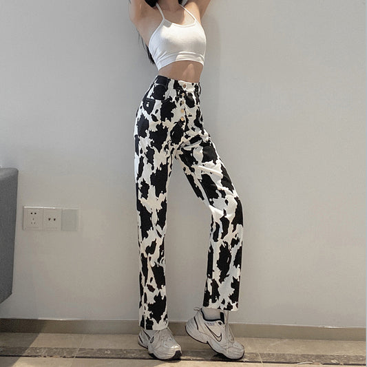 Cow Print Jeans Women's All-match Slim Straight-leg Pants