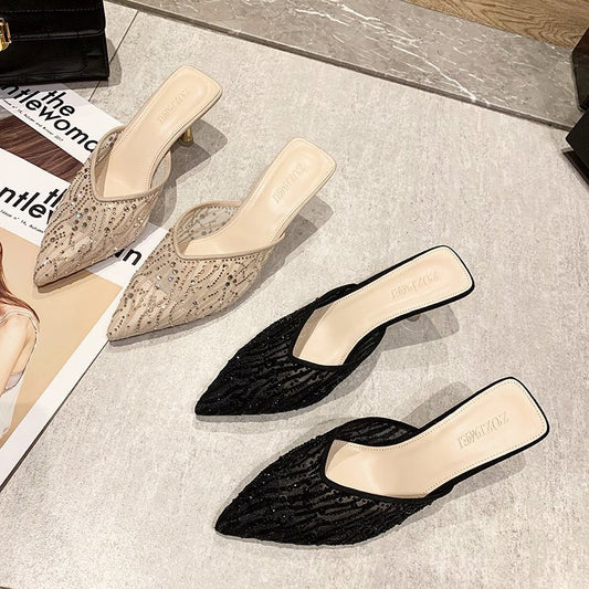 Baotou Net Yarn High-Heeled Half Slippers Female